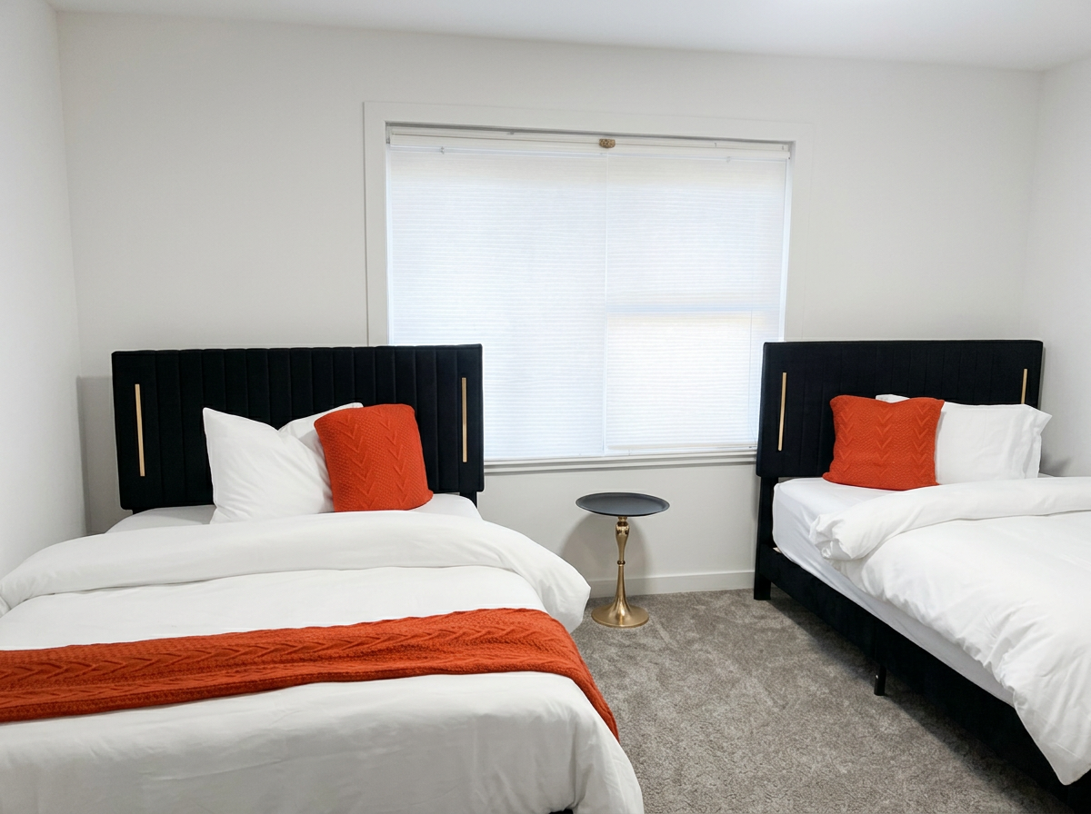 Bedroom with two beds and accent pillows