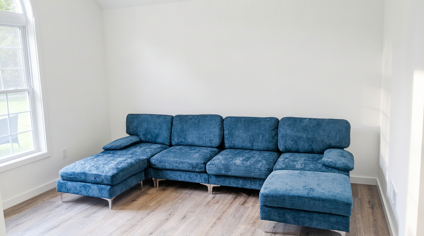 Family room with plush blue sectional sofa